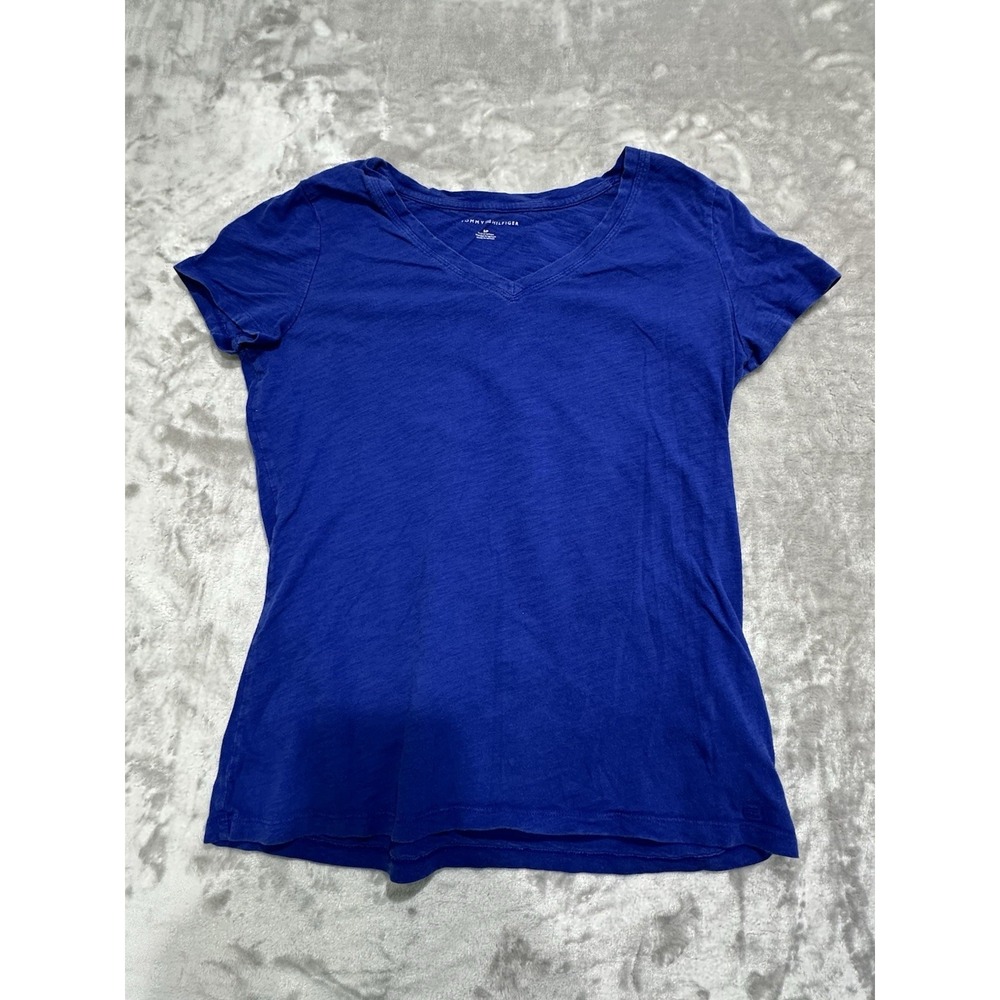 Tommy Hilfiger Shirt Womens Size Small Blue Short Sleeve V-Neck Pullover EUC